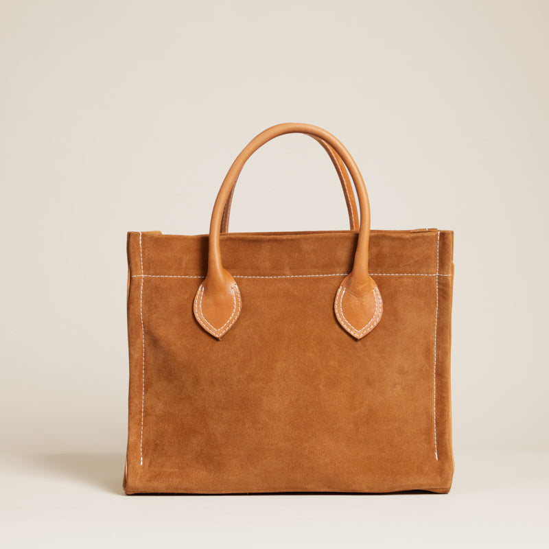 Parker - Suede Caramel with Cognac Leather Saddle Handle and Piping