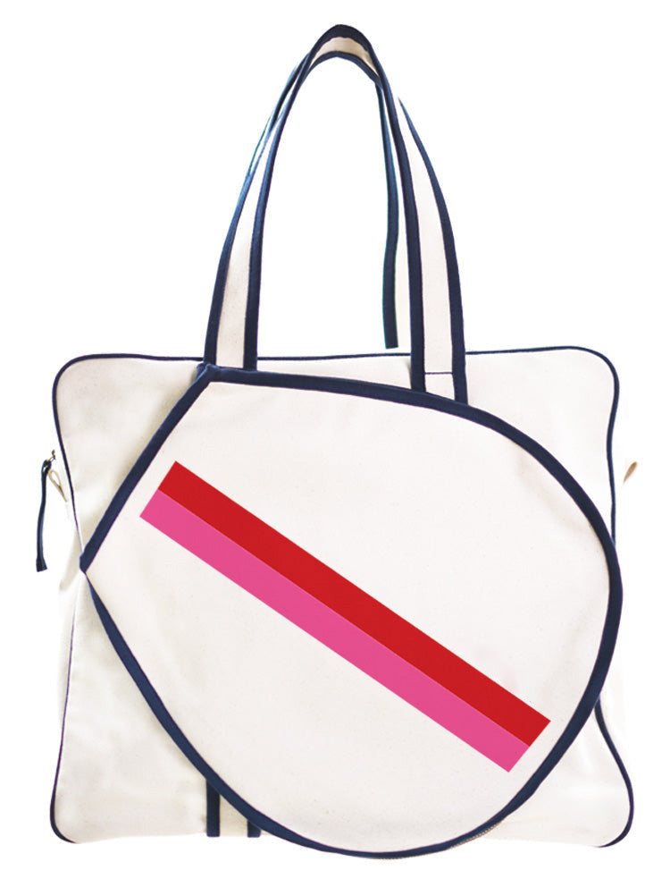 Tennis Bag - Natural Canvas with Pink and Red Stripe