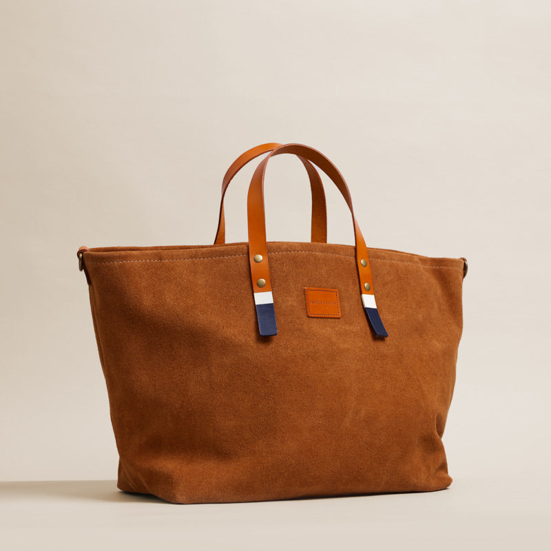 Bobbi - Suede Caramel - Cognac, White & Navy Stripe Handles