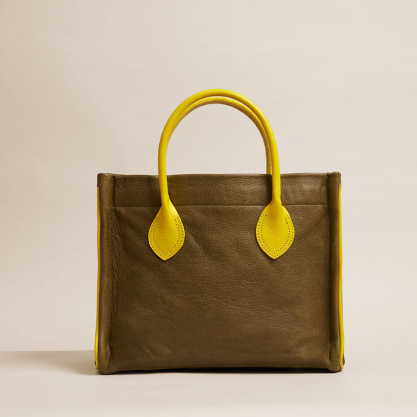 Parker - Olive Leather with Yellow Leather Saddle Handle and Piping