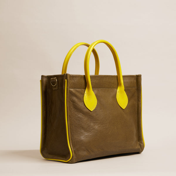 Parker - Olive Leather with Yellow Leather Saddle Handle and Piping
