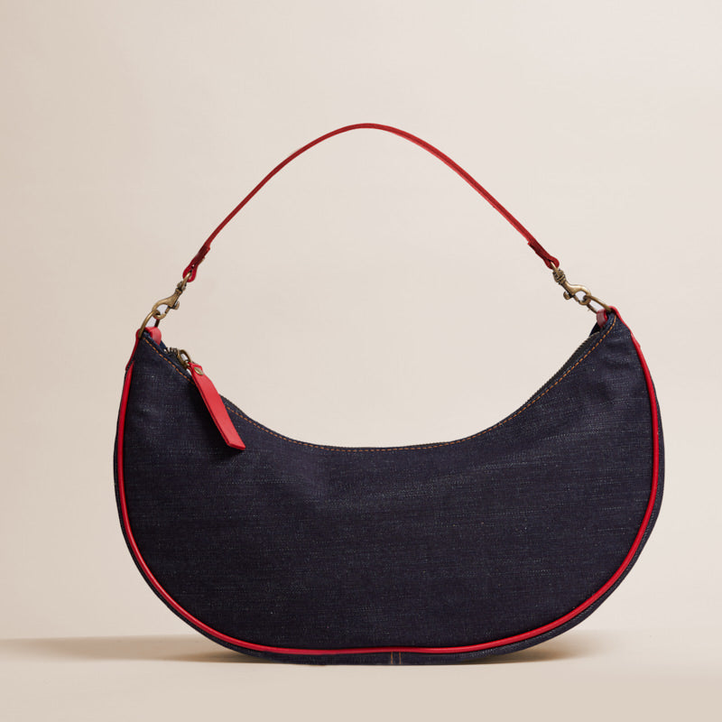 Luna - Denim with Red Leather Piping