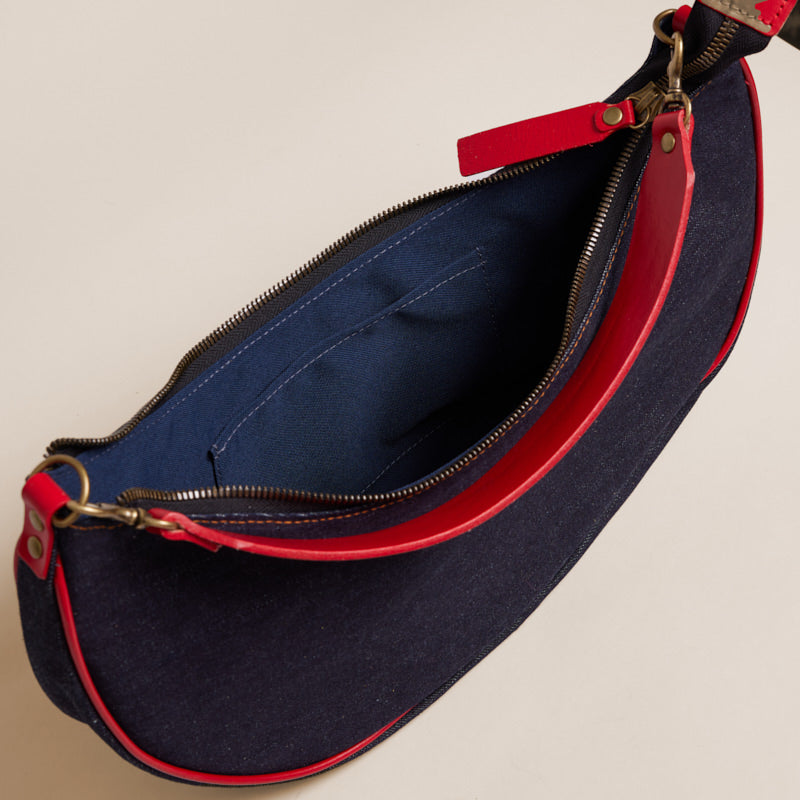 Luna - Denim with Red Leather Piping