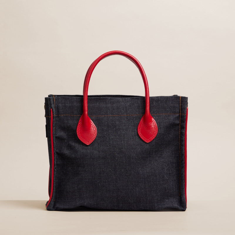 Parker - Denim with Red Leather Saddle Handle and Piping