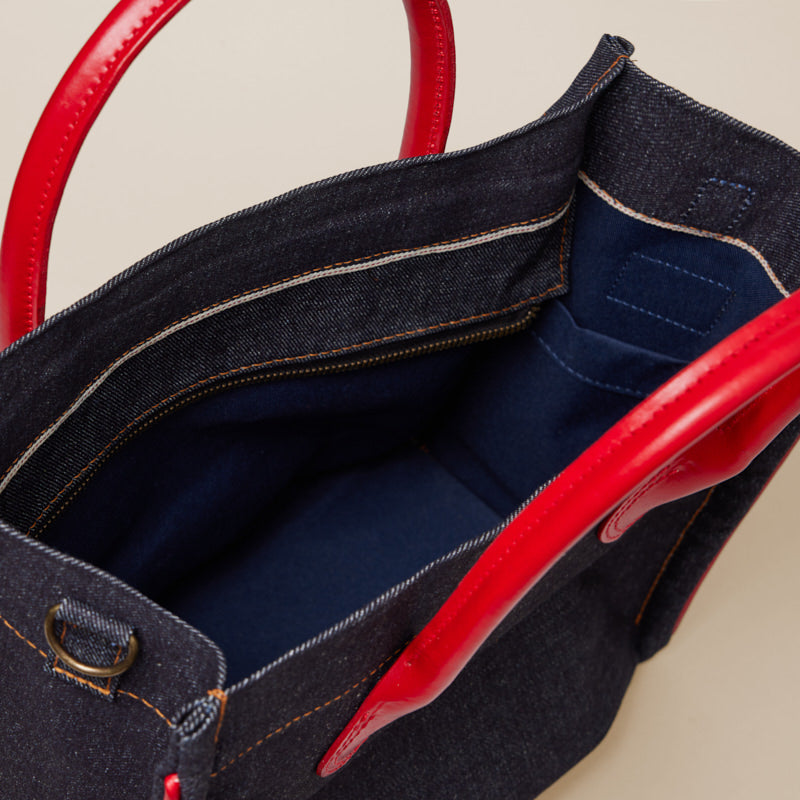 Parker - Denim with Red Leather Saddle Handle and Piping