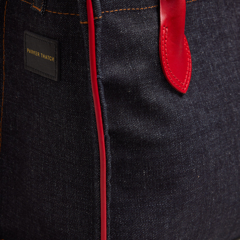 Parker - Denim with Red Leather Saddle Handle and Piping