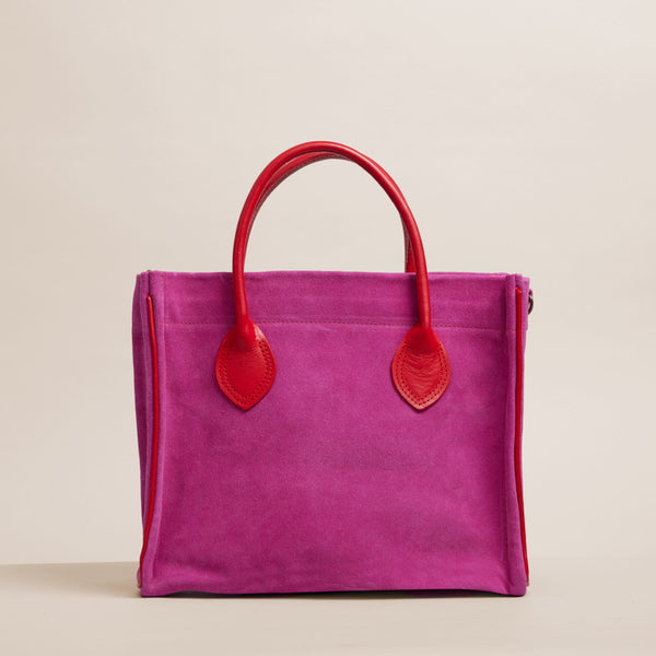 Parker - Pink Suede with Red Leather Saddle Handle and Piping