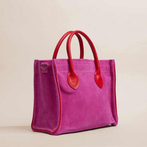 Parker - Pink Suede with Red Leather Saddle Handle and Piping