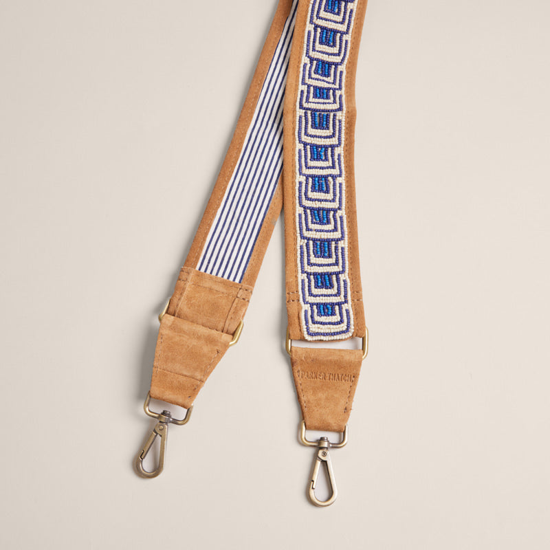 Beaded and Suede Crossbody Strap -  Block Blues & Cream