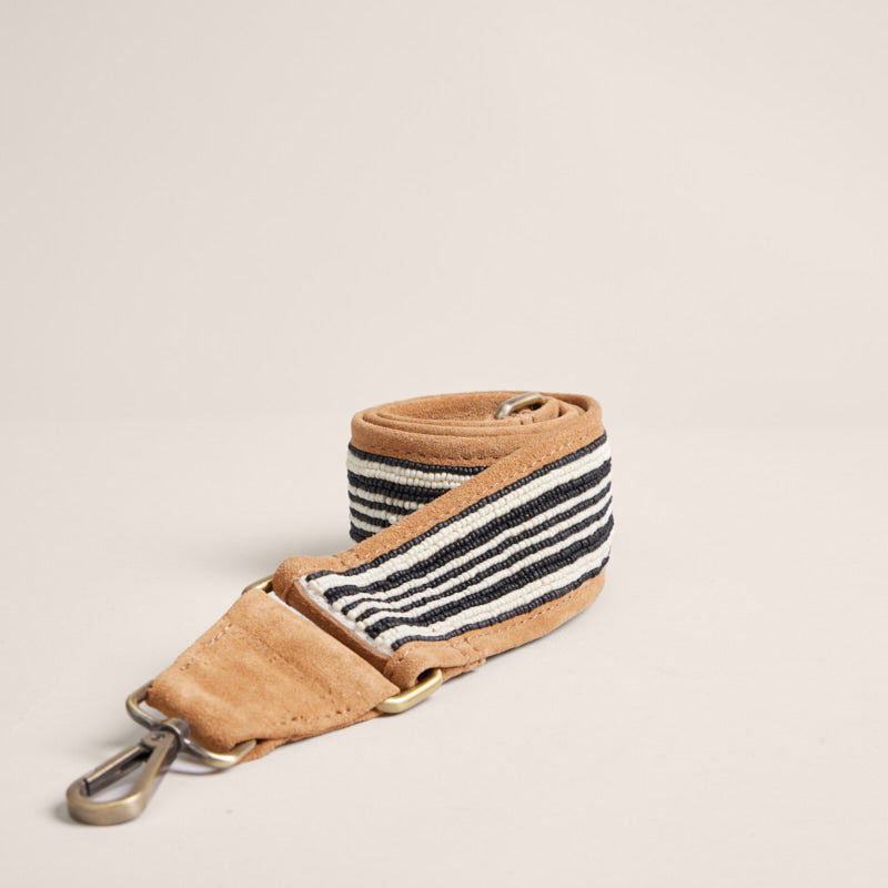 Beaded and Suede Crossbody Strap - Black & White Stripe