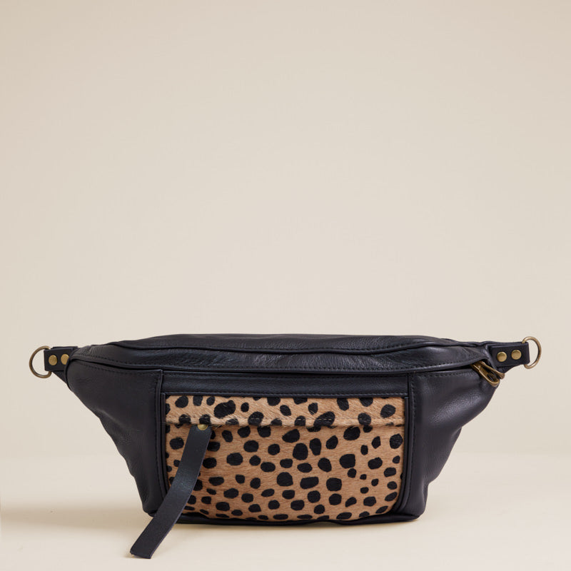 Cross Your Heart Sling - Leather Black & Leopard Hair
