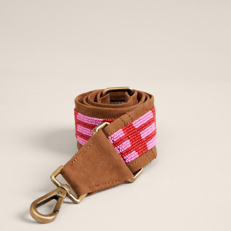Beaded and Suede Crossbody Strap - Pink & Red Lines