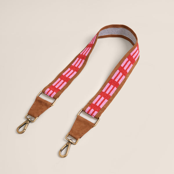 Beaded and Suede Crossbody Strap - Pink & Red Lines