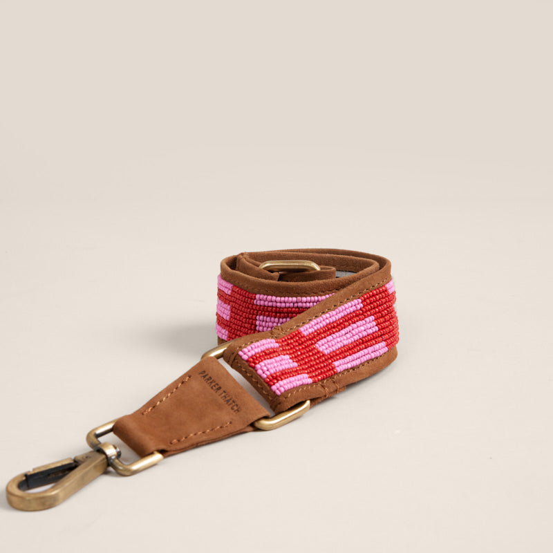 Beaded and Suede Shoulder Strap - Pink & Red Lines