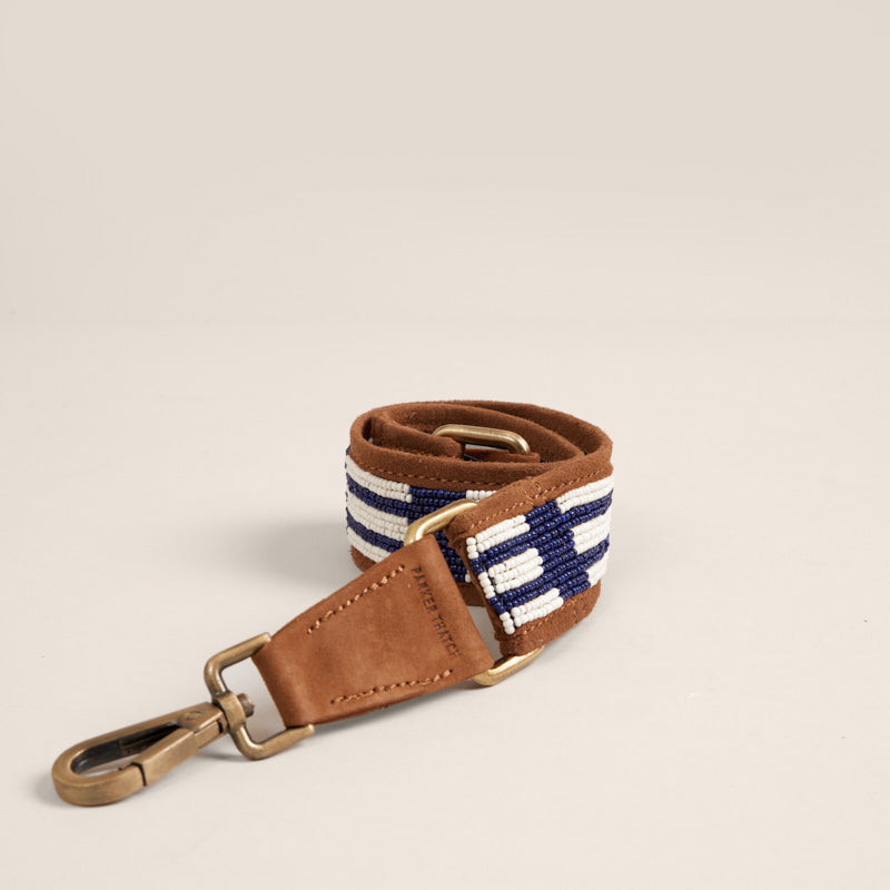 Beaded and Suede Shoulder Strap - Natural & Navy Lines