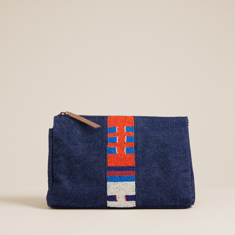 Cosmetic Bag/Clutch - Denim with Geo Beaded Stripe