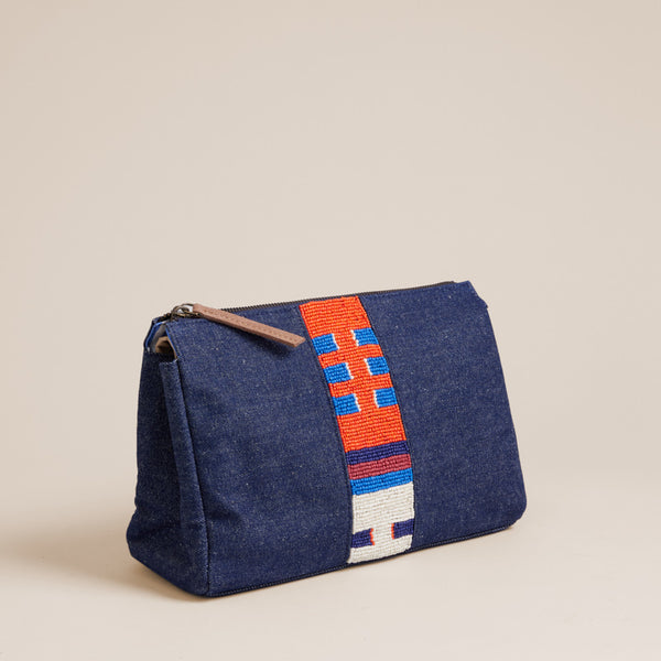 Cosmetic Bag/Clutch - Denim with Geo Beaded Stripe