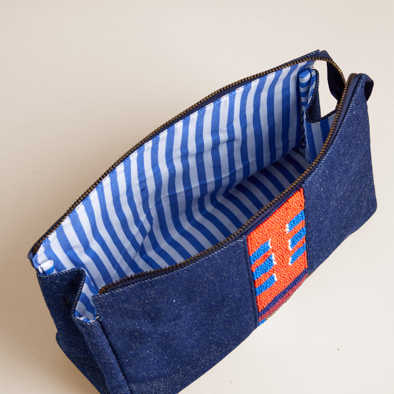 Cosmetic Bag Clutch Denim with Geo Beaded Stripe Parker Thatch