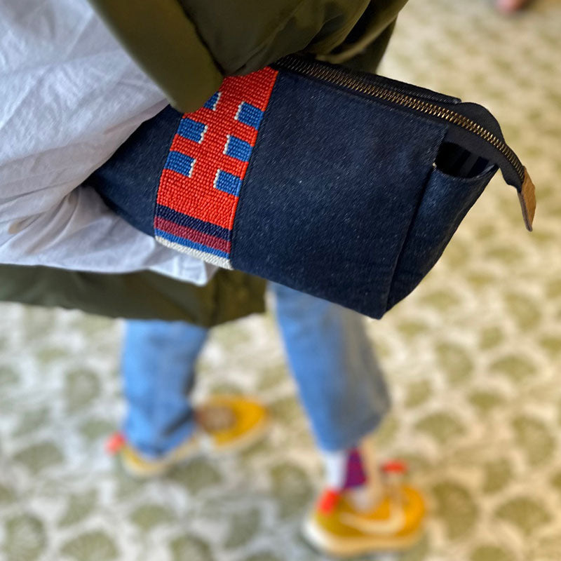 Cosmetic Bag/Clutch - Denim with Geo Beaded Stripe