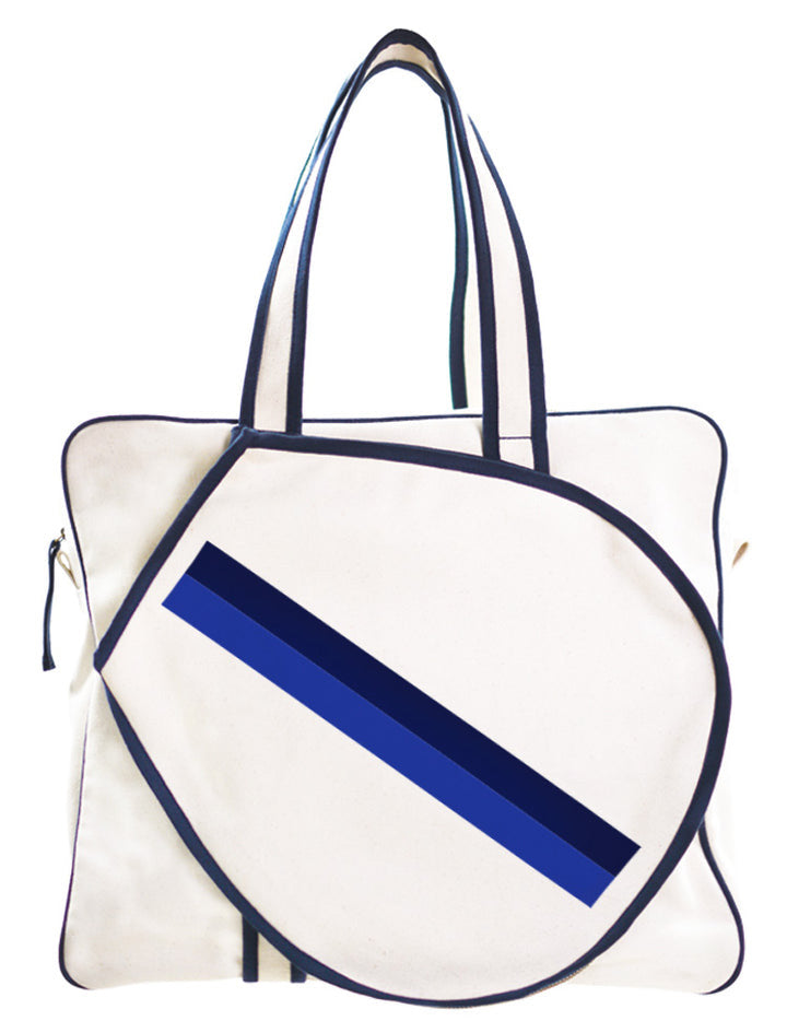 Tennis Bag - Natural Canvas with French Blue and Navy Stripe