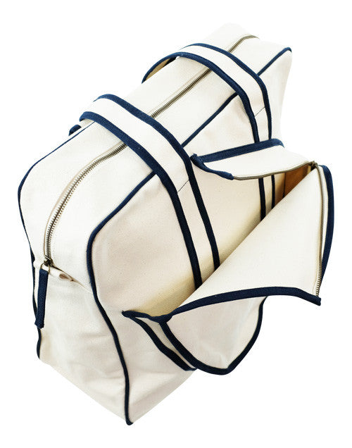 Tennis Bag - Natural Canvas with French Blue and Navy Stripe
